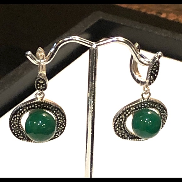 Jade & Marcasite 925 Silver Earrings - Picture 5 of 5